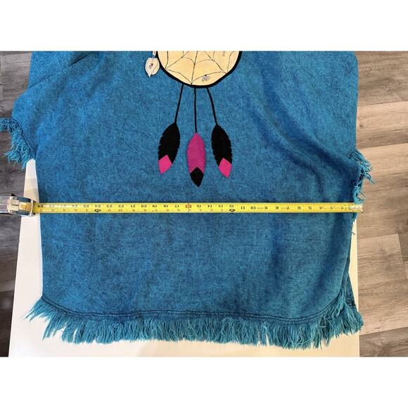 Vintage 90s Aztec Jacket Womens LG Denim Western Fringed Dreamcatcher Poncho - Picture 5 of 7